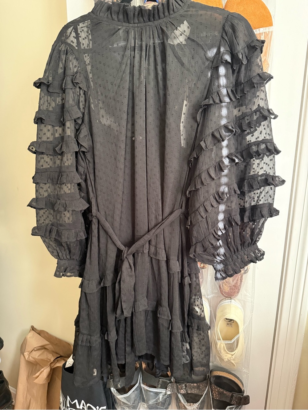 Cleobella Black Ruffle-Sleeve Sheer Maxi Dress